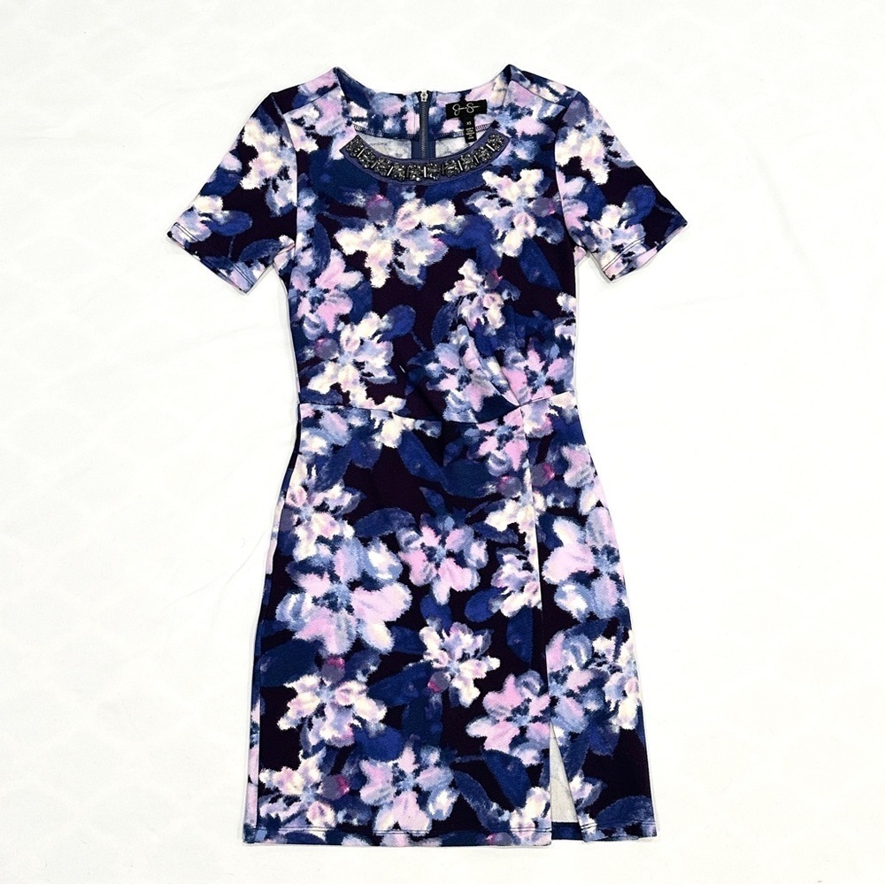 Jessica Simpson Purple Blue Floral Dress w. Rhinestone Neckline Embellishment